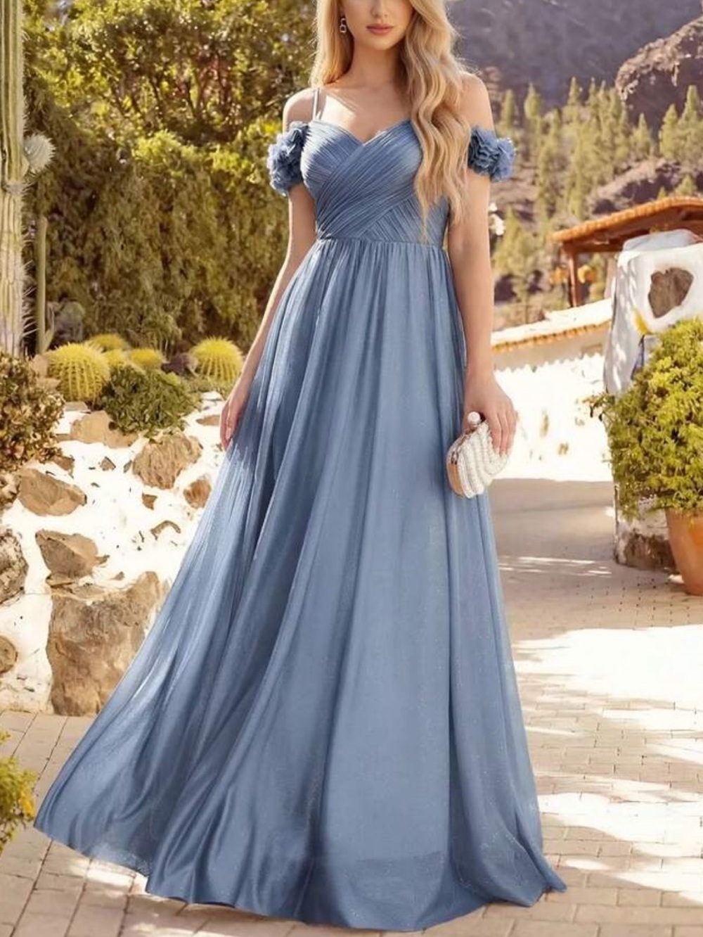 Elegant Blue Off-Shoulder Maxi Dress